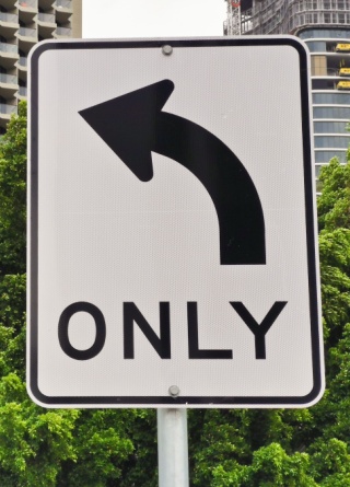 Street sign with left-turn arrow and the word â€œonlyâ€ underneath. 