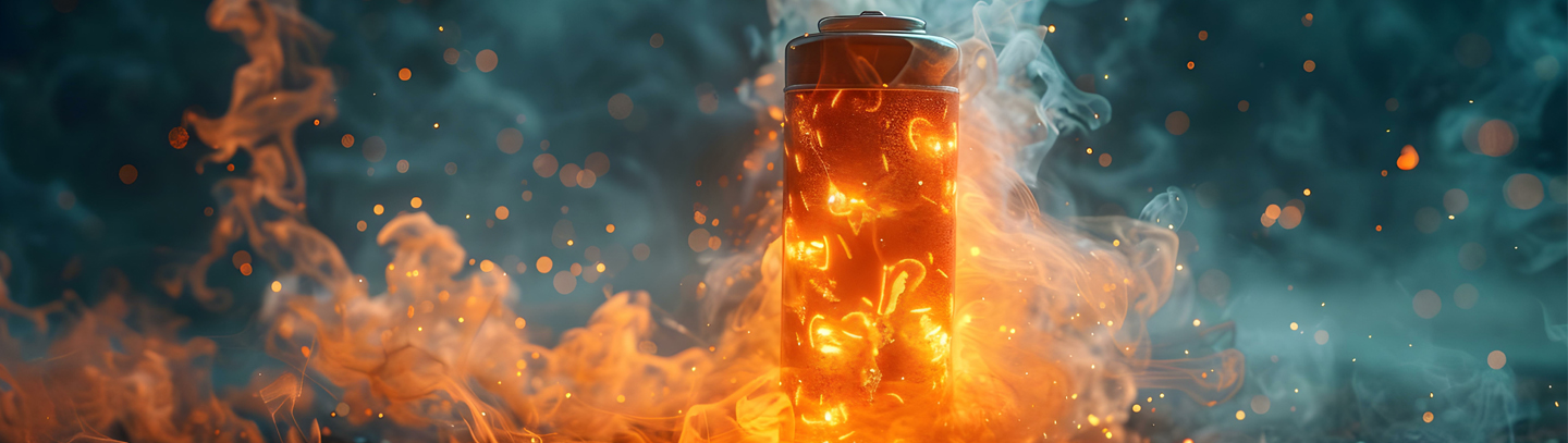 Lithium-ion battery engulfed in fire and smoke in front of a smoky background. 