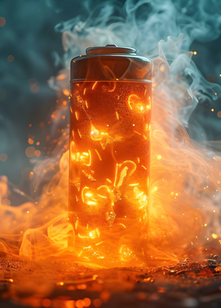 Lithium-ion battery engulfed in fire and smoke in front of a smoky background. 