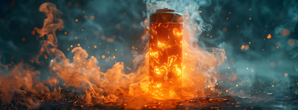 Lithium-ion battery engulfed in fire and smoke in front of a smoky background. 