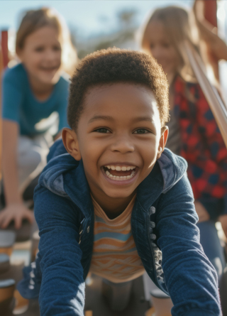 A boy smiles while on the playground with other children behind him