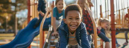 A boy smiles while on the playground with other children behind him