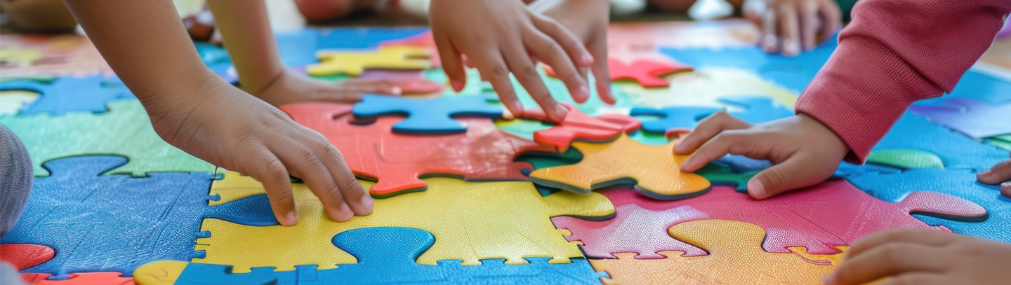 Children sit on a puzzle mat with their hands reaching for large, colorful puzzle pieces. 