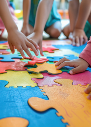 Children sit on a puzzle mat with their hands reaching for large, colorful puzzle pieces. 