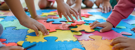 Children sit on a puzzle mat with their hands reaching for large, colorful puzzle pieces. 